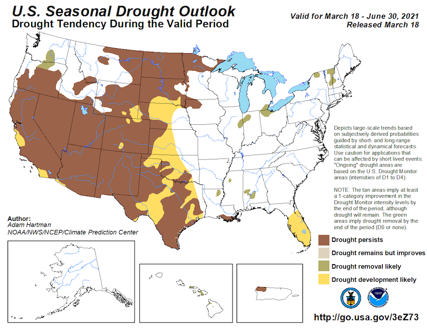  map of the continental United States showing the probability drought conditions persisting, improving, or developing March 18 through June 30 2021. Current drought conditions over the western US are forecast to persist while drought development is likely for parts of Kansas, Oklahoma, Texas and Florida.