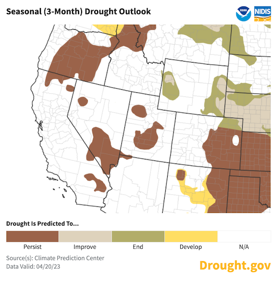 From April 20 to July 31, existing areas of drought in California and Nevada are projected to persist.