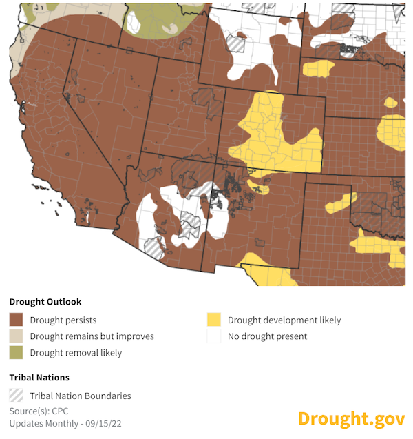 From September 15 to December 31, drought is forecast to remain or develop across most of the Intermountain West, except for parts of Arizona.