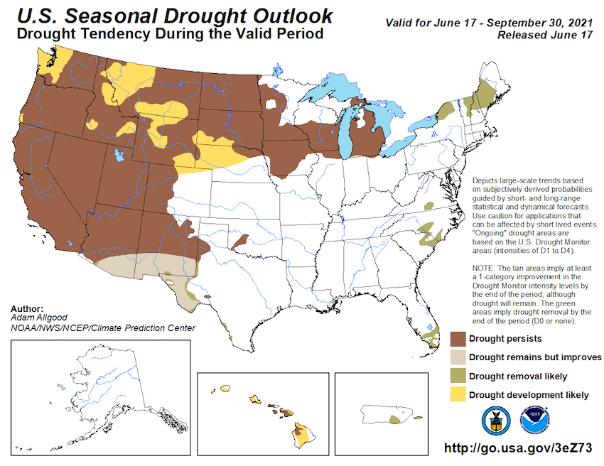 Seasonal drought outlook for the U.S. and Puerto Rico, predicting whether drought will improve, worsen, or stay the same between June 17 and September 30, 2021.  Current drought conditions over the western U.S. are forecast to persist while drought development is likely for the Pacific Northwest.