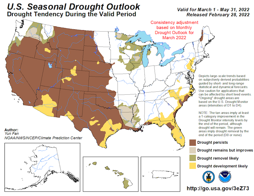 U.S. Seasonal Drought Outlook for March 1 to May 31, 2022, showing the likelihood that drought will develop, remain, improve, or be removed.  Drought is likely to persist throughout California and Nevada.