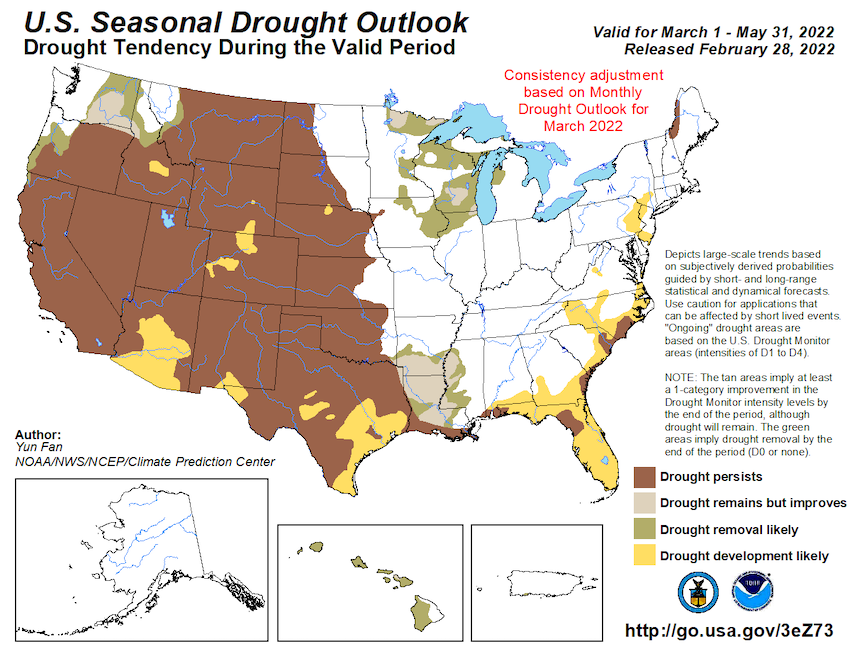 U.S. Seasonal Drought Outlook for March 1 to May 31, 2022, showing the likelihood that drought will develop, remain, improve, or be removed. Drought is likely to persist throughout California and Nevada.