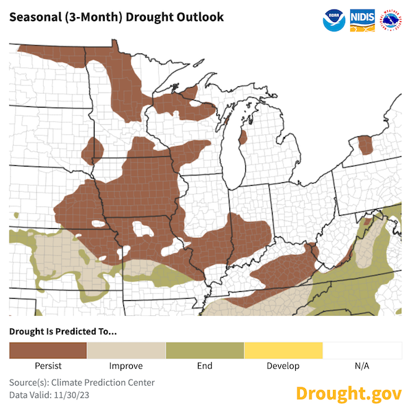 Drought is expected to persist throughout the winter across areas already in drought (Iowa, Illinois, Indiana, Kentucky Minnesota, Missouri, and Wisconsin), with the exception of southern Missouri, where improvement and even removal of drought is predicted. 