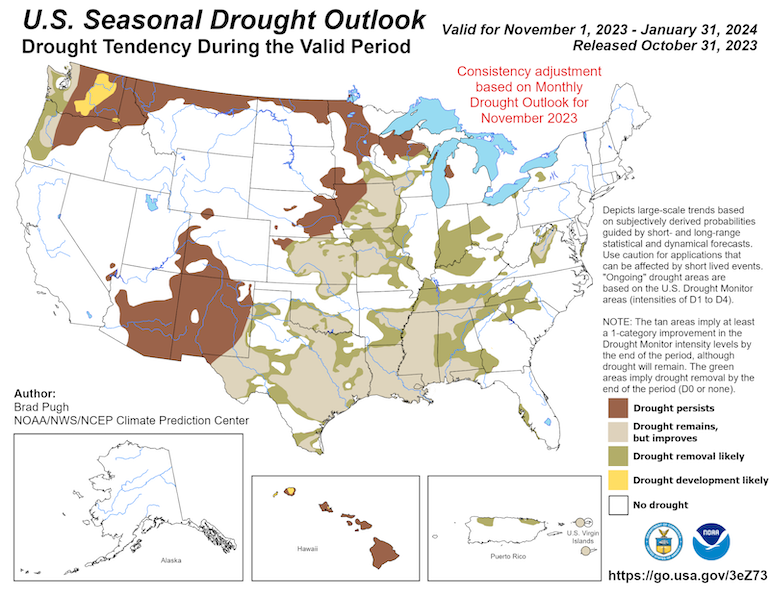 From November 1 to January 31, drought removal is projected to remain but improve across the U.S. Virgin Islands, with drought removal in Puerto Rico.