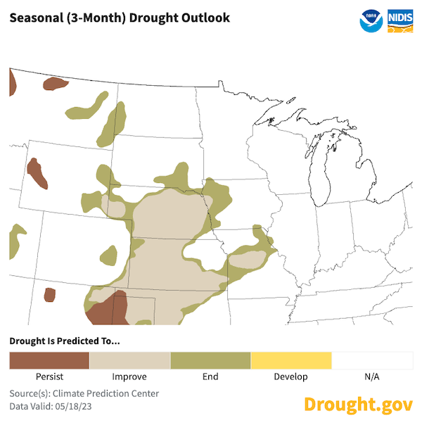 The seasonal drought outlook shows that by the end of August, drought will likely remain but improve across Kansas, Nebraska, and Missouri.
