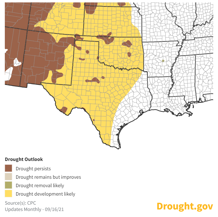 Climate Prediction Center's seasonal drought outlook, predicting where drought is likely to worsen, improve, or remain the same from September 16–December 31, 2021.