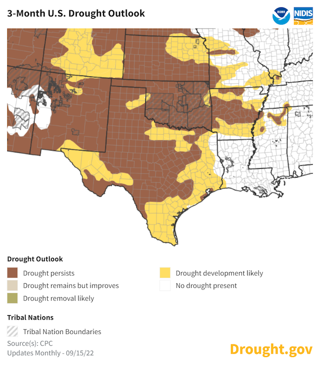 From September 15 to December 31, 2022, drought is predicted to remain or develop across most of the Southern Plains.