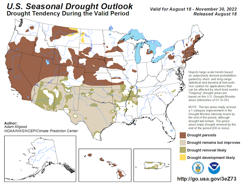 From August 18 to November 30, 2022, drought is likely to persist across California and Nevada, except the southernmost tip of each state, where drought is likely to remain but improve.