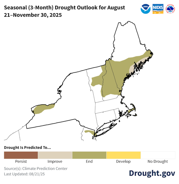 Drought is predicted to be removed in New York, Massachusetts, Vermont, New Hampshire, and southern and eastern parts of Maine. Drought is predicted to improve in coastal areas of Maine.