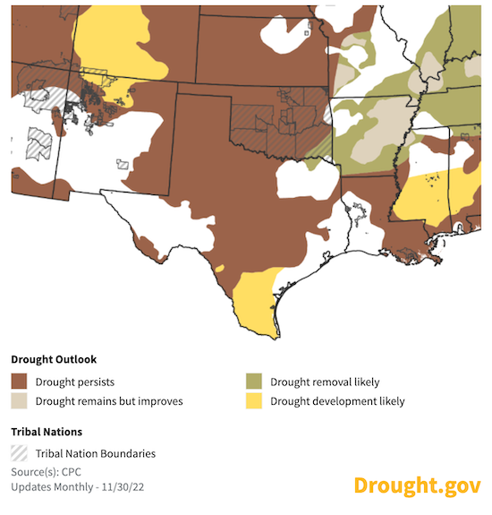 Across the western United States from December to February, drought is forecast to persist in places where it is already present.