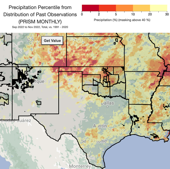 Map of the south-central US showing precipitation percentile data for fall 2022. Locations in eastern Colorado and New Mexico and western Kansas and Oklahoma experienced precipitation below the lowest 10th percentile.