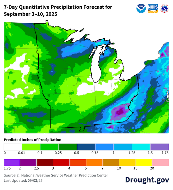 Rainfall of 1–2.5 inches is forecast for September 3–10 over Kentucky and northern Michigan.