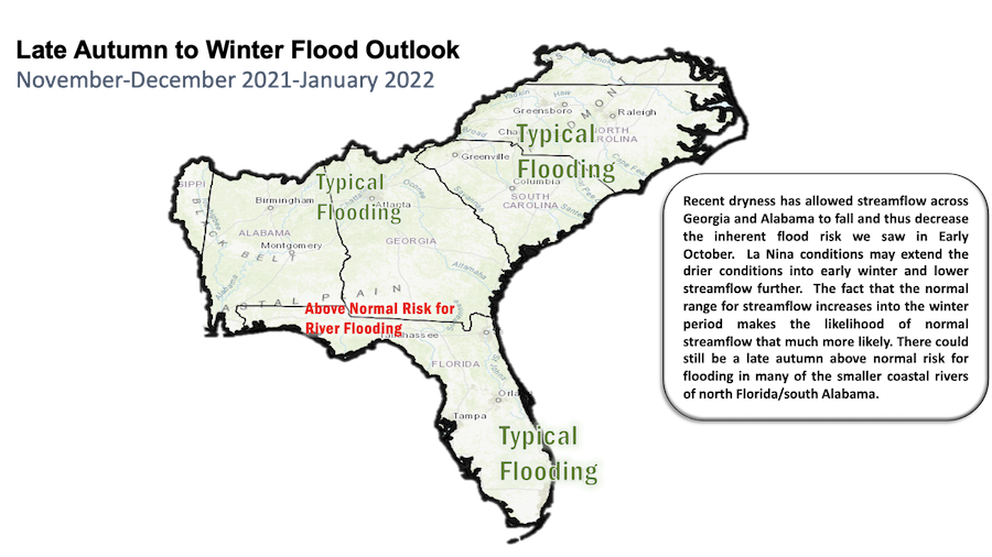 November-December-January flood outlook for the Southeast U.S. Recent dryness has allowed streamflow across GA and AL to fall and decrease the inherent flood risk we saw in early October. La Nina may extend the drier conditions into early winter and lower streamflow further.