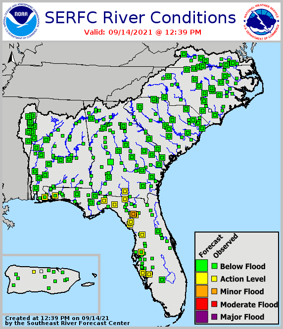 River flood status across the Southeast, from the Southeast River Forecast Center. As of September 14, 2021, most of the Southeast is in the "below flood" level, with "minor" to "moderate" flooding predicted along parts of the west coast of Florida.