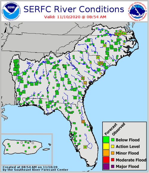 Map of the Southeast showing current river flood conditions