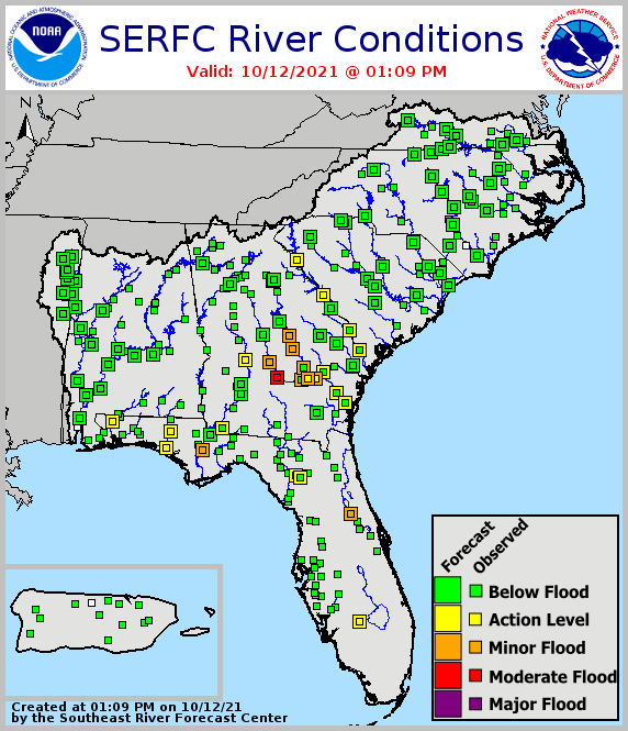 River flood status across the Southeast, from the Southeast River Forecast Center. Valid October 11, 2021.