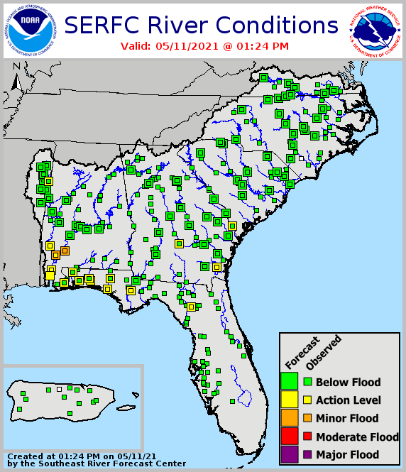 River flood status across the Southeast, from the Southeast River Forecast Center. As of May 10, 2021, streamflows are mostly normal across the region, with some above normal in Alabama, Georgia, and the Florida Peninsula, and some below normal in the Carolinas.