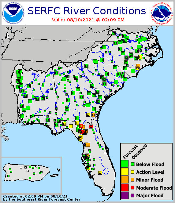 River flood status across the Southeast, from the Southeast River Forecast Center. As of August 10, 2021, most of the Southeast is in the "below flood" level, with some minor/moderate flooding along parts of the west coast of Florida.