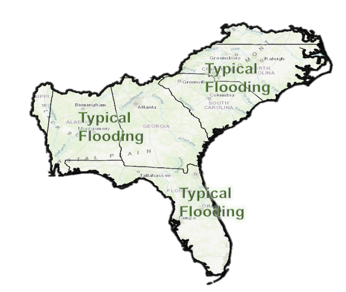 Streamflow forecast map of the Southeast for May - July 2021. Typical flooding is predicted throughout the Southeast.