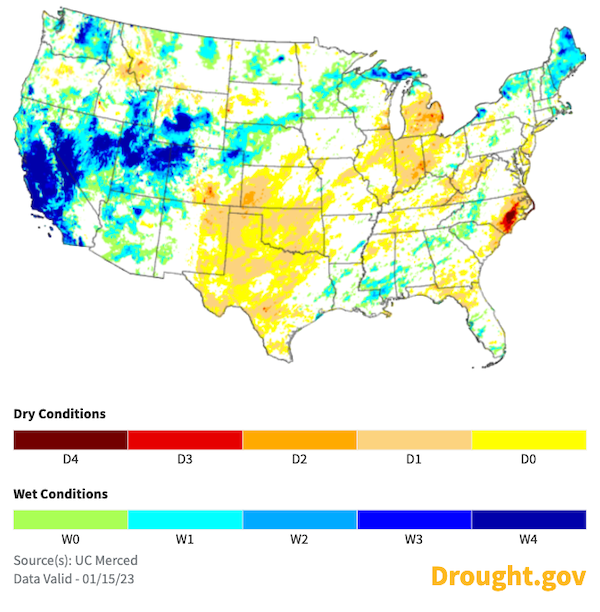The Short-Term Multi-Indicator Drought Index illustrates the very wet conditions through the Sierra Nevada mountains eastward through central Nevada, northern Utah and northwest Colorado. It also shows that parts of the Northwest have seen less of a benefit given storm tracks. 