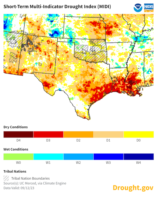 According to a blend of short-term drought indicators, moderate to extreme drought conditions are present across much of Texas, New Mexico, southern and eastern Oklahoma, and eastern Kansas.