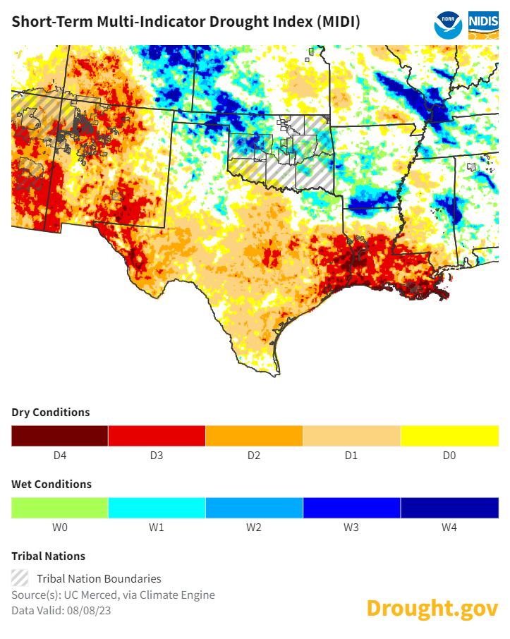 According to a blend of short-term drought indicators, extreme drought conditions have developed over the Gulf Coast region, central and far western Texas.
