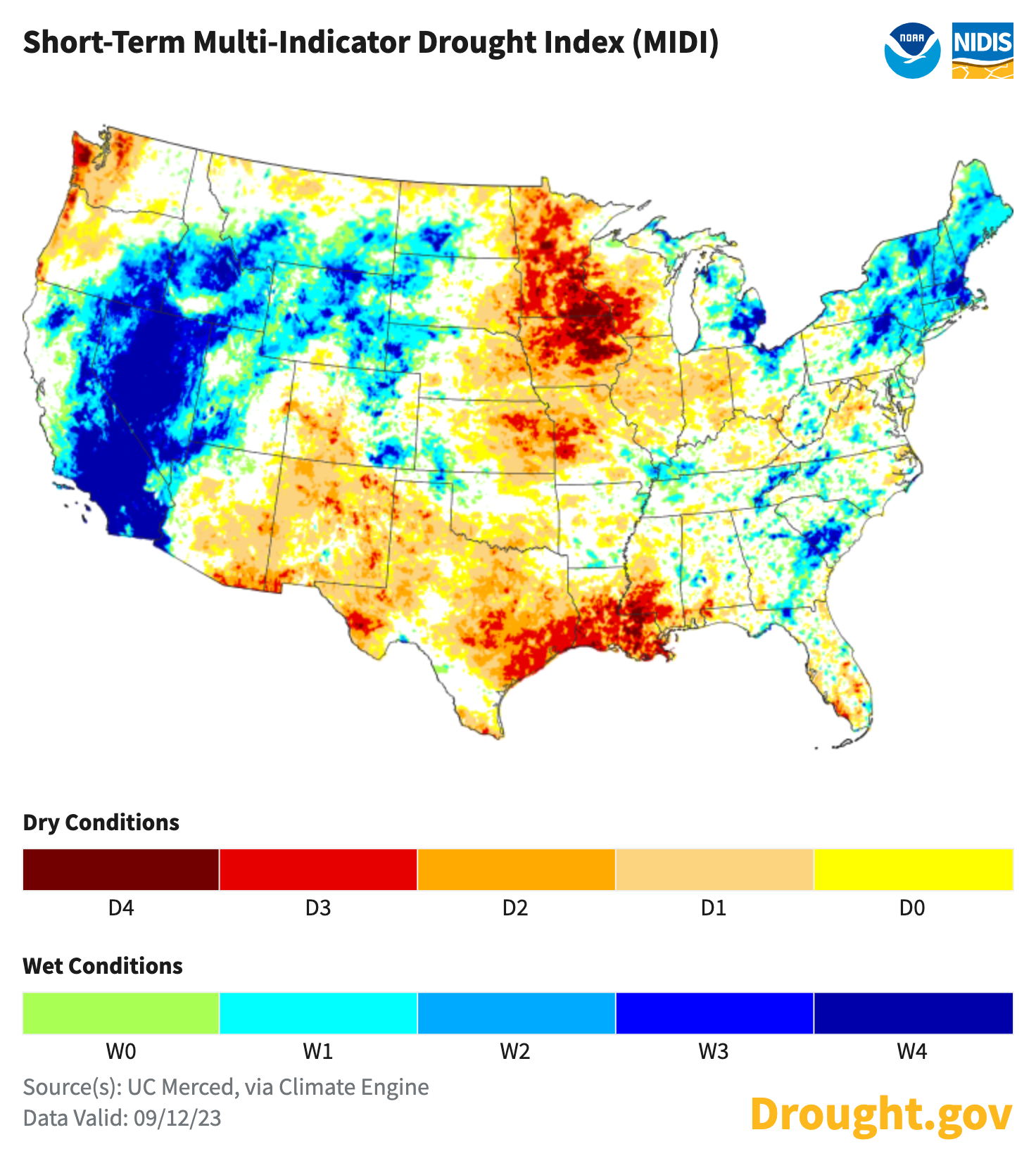 This map shows the Short-Term Multi-Indicator Drought Index for the contiguous United States, updated September 12, 2023.