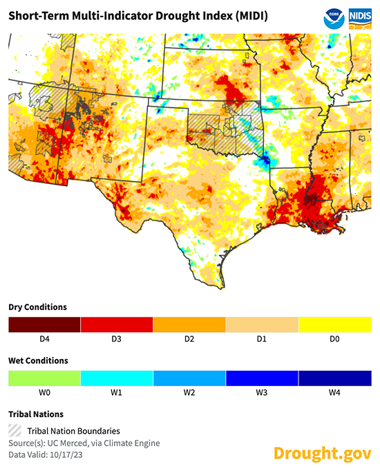 Short-term drought indices indicates areas of dryness and drought over much of Texas, New Mexico, Kansas, and central Oklahoma. Louisiana is experiencing significant drought conditions.