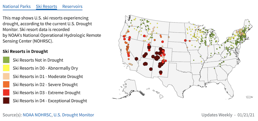 Map of U.S. ski resorts and their current drought conditions. The ski resorts in CA-NV are all in drought, ranging from D1 (moderate drought, tan) in southern CA, to D2 (severe drought, orange) in the central Sierra, to D3 (extreme drought, red) in the southern and northern Sierra, to D4 (exceptional drought, dark red) in southern NV. 