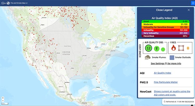 moke plumes are covering most of the U.S., except the Northwest and New England.