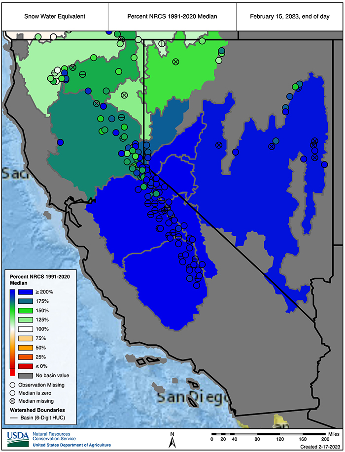 Throughout much of Central and Southern California and Nevada, SWE is still over 200% of normal. In the more northerly regions, SWE is between 175-125%.