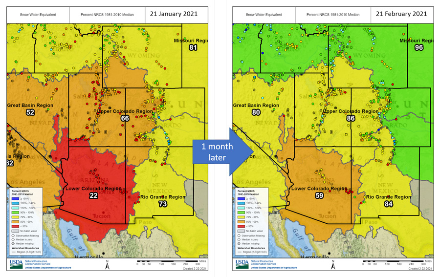 Snow water equivalent maps of the Intermountain West for January 21, 2021 (left) and February 21, 2021 (right). All basins show improvement from one month to the next. 