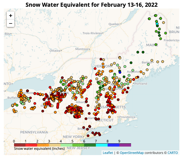 New York and New England Snow Survey Map, showing snow water equivalent (inches) across the region for February 13-16, 2022.