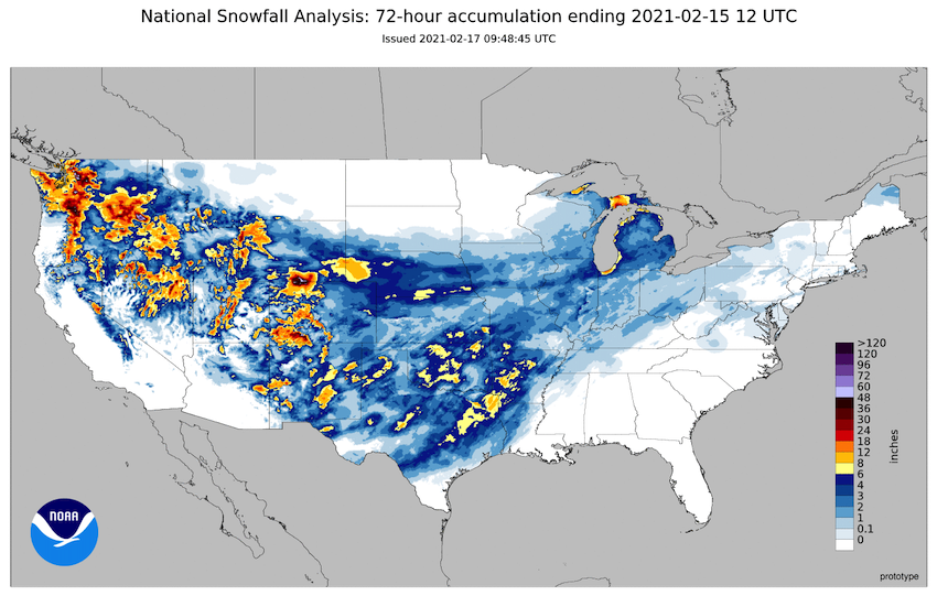  Map of the continental U.S. showing 72-hour snowfall accumulation to February 15, 2021. Most of the western and central U.S. received between 3 and 12 inches from a storm that began on the 14th.