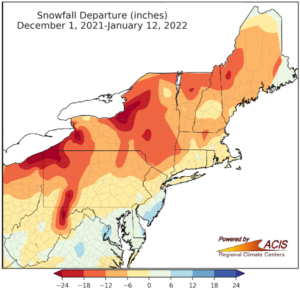 Snowfall departure from normal map of the Northeast DEWS, showing departure (in inches) from normal snowfall from December 1 to January 12.