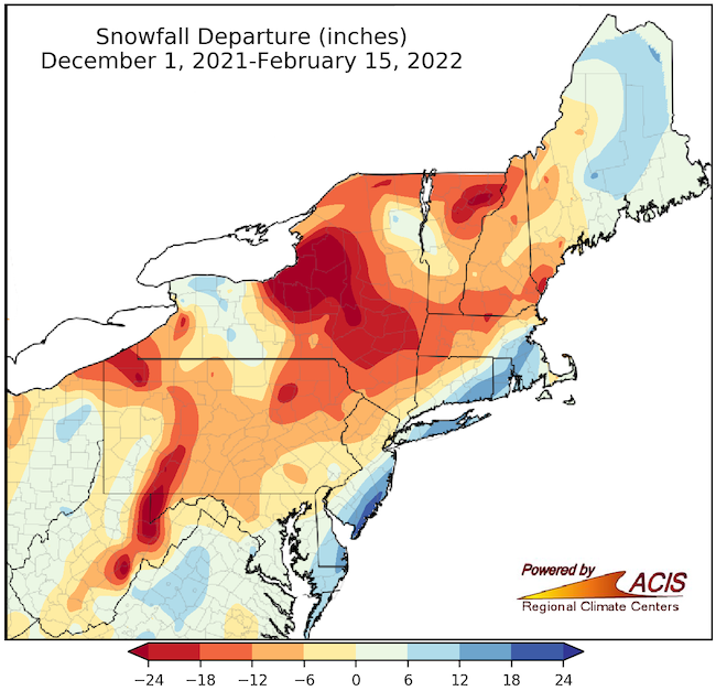 Snowfall departure from normal map of the Northeast DEWS, showing departure (in inches) from normal snowfall from December 1, 2021 to February 15, 2022.