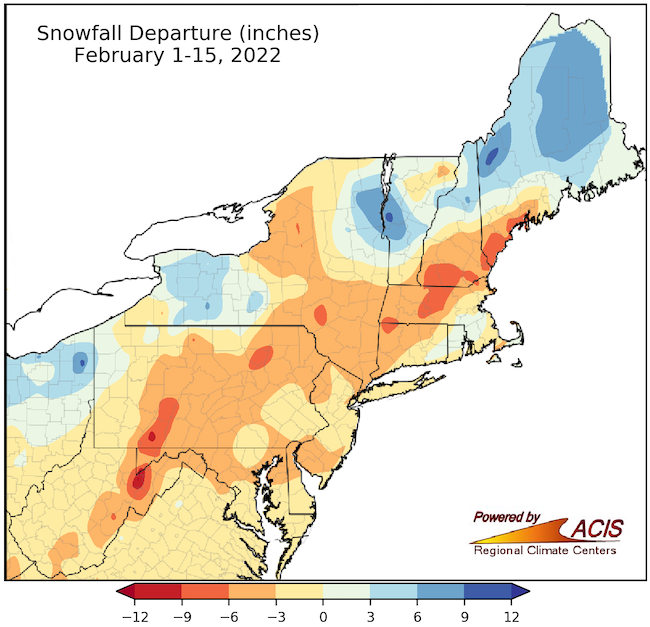 Snowfall departure from normal map of the Northeast DEWS, showing departure (in inches) from normal snowfall from February 1 to 15, 2022.