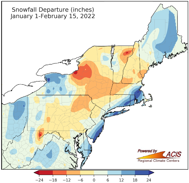 Snowfall departure from normal map of the Northeast DEWS, showing departure (in inches) from normal snowfall from January 1 to February 15, 2022.