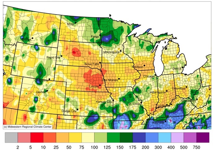 Snowfall as a percent of 1991-2020 normals across the North Central U.S. from October 1, 2021 to February 22, 2022. 