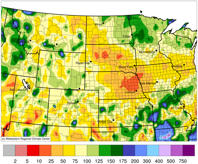 Snowfall as a percent of 1991-2020 normals across the North Central U.S. from August 1, 2021 to March 17, 2022. 