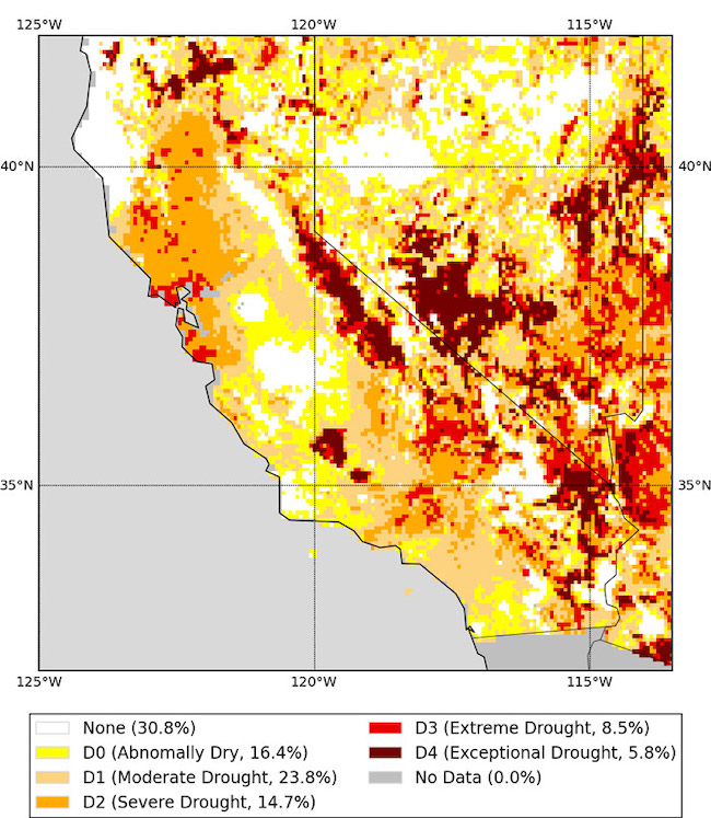 California-Nevada shows soil moisture drought intensity as of February 22, 2021. 3-D4 is present predominantly over parts of the Sierra and southern NV and near the CA-AZ and CA-OR borders. D0-D2 is present over much of the remaining area with the exception of pockets of central CA and northern NV. 