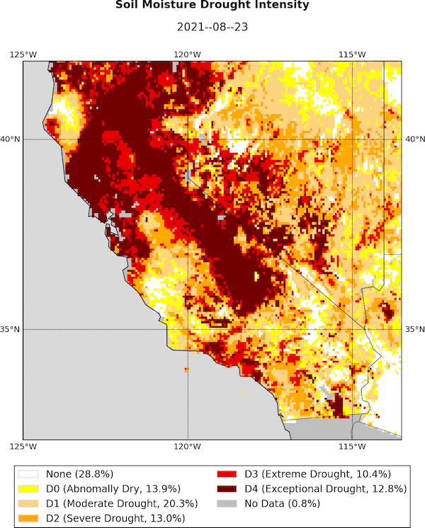 A California Nevada map of current soil moisture conditions from 8/23/2021 using the Noah-MP model. Northern California and the Sierra Nevada Mountains are showing exceptional drought.