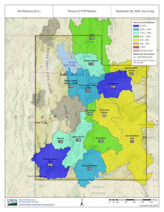Soil moisture percent of median for Sept. 28 showing all but southeastern Utah has well-above normal soil moisture conditions. 