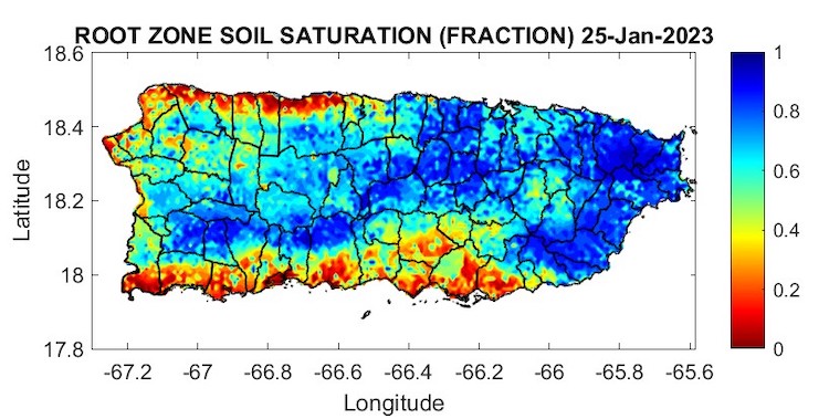 The north, south, and west coastal regions of Puerto Rico are seeing deteriorating soil saturation conditions, while soil saturation is high in parts of the interior and east of the island.