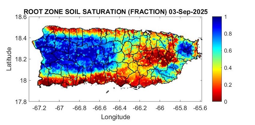 Este mapa muestra que los suelos en el oeste de Puerto Rico están mayormente saturados, pero se están secando a lo largo del este-interior, las llanuras del sur y del norte.
