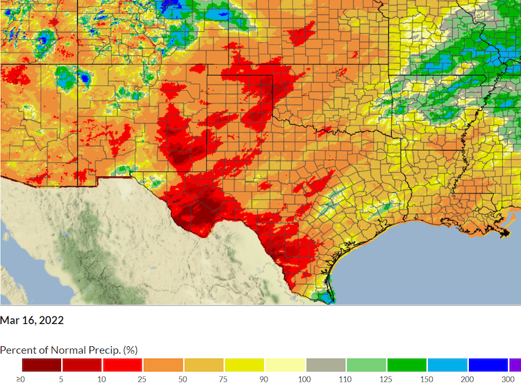  map of Kansas, Oklahoma and Texas showing percent of normal precipitation from January 1-March 16, 2022. All of the region, with a few small exceptions along the OK AR border and in far southern coastal Texas, are at less than 90% of normal precipitation. Much of the region including western Texas, western Oklahoma, eastern New Mexico and southwestern Kansas have received less than 25% of normal precipitation for the year. 