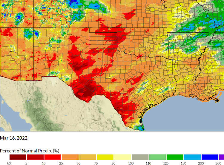 map of Kansas, Oklahoma and Texas showing percent of normal precipitation from January 1-March 16, 2022. All of the region, with a few small exceptions along the OK AR border and in far southern coastal Texas, are at less than 90% of normal precipitation. Much of the region including western Texas, western Oklahoma, eastern New Mexico and southwestern Kansas have received less than 25% of normal precipitation for the year.