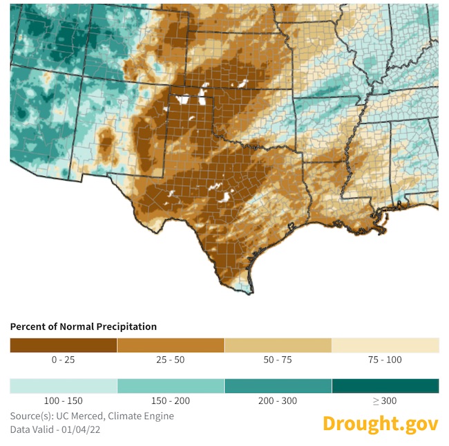  Map of the Southern Great Plains showing the 1-month total precipitation as a percent of normal for the 30 days up to January 4, 2022. Most of the Southern Plains region experienced precipitation totals less than half of the 1991-2020 December average.