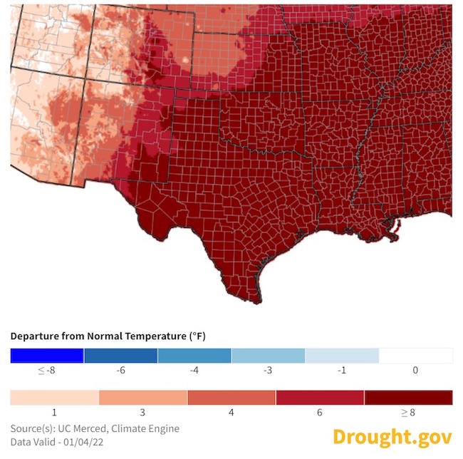  Map of the Southern Great Plains showing the 1-month averaged temperature anomalies for the 30 days up to January 4, 2022. Most of the Southern Plains region experienced temperatures more than 8 degrees F above the 1991-2020 December average.