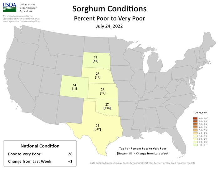 Across the lower 48, 28% of sorghum crops are rated poor to very poor, as of July 24.